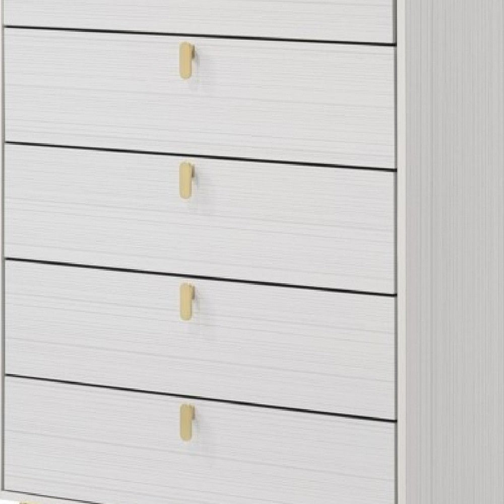 Cos 50 Inch Wood Tall Dresser Chest, 5 Drawers, Metal Handles, White, Gold - BM275716