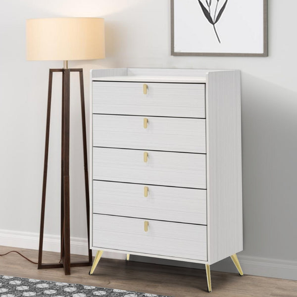 Cos 50 Inch Wood Tall Dresser Chest, 5 Drawers, Metal Handles, White, Gold - BM275716