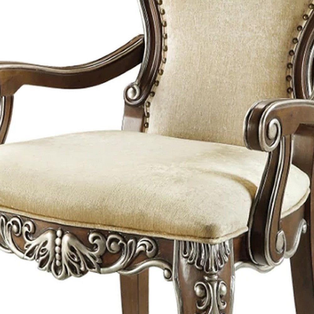 24 Inch Classic Upholstered Armchair, Scrolled Details, Nailhead, Brown - BM275732