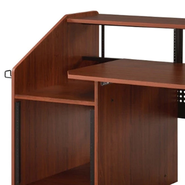 71 Inch Wood Music Desk Studio Workstation, 3 Shelves, Cherry Brown - BM276205