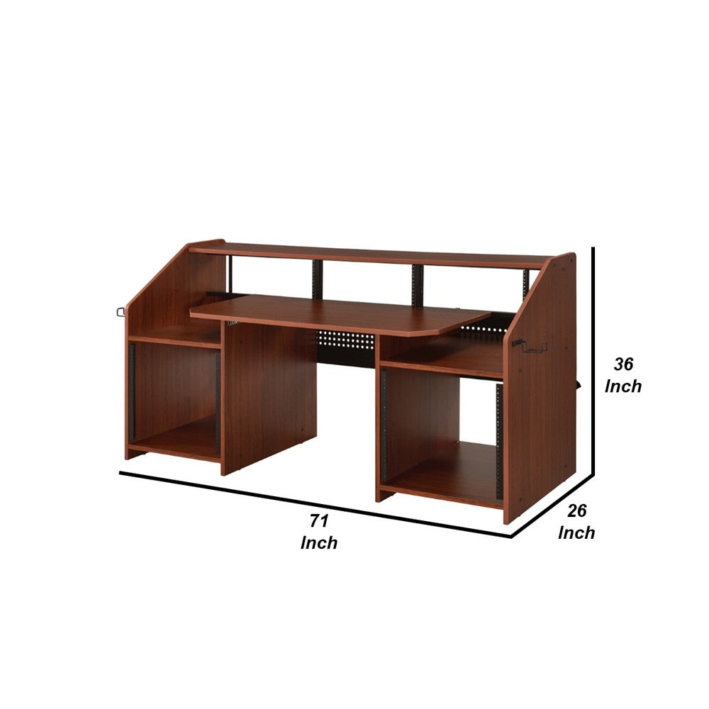 71 Inch Wood Music Desk Studio Workstation, 3 Shelves, Cherry Brown - BM276205