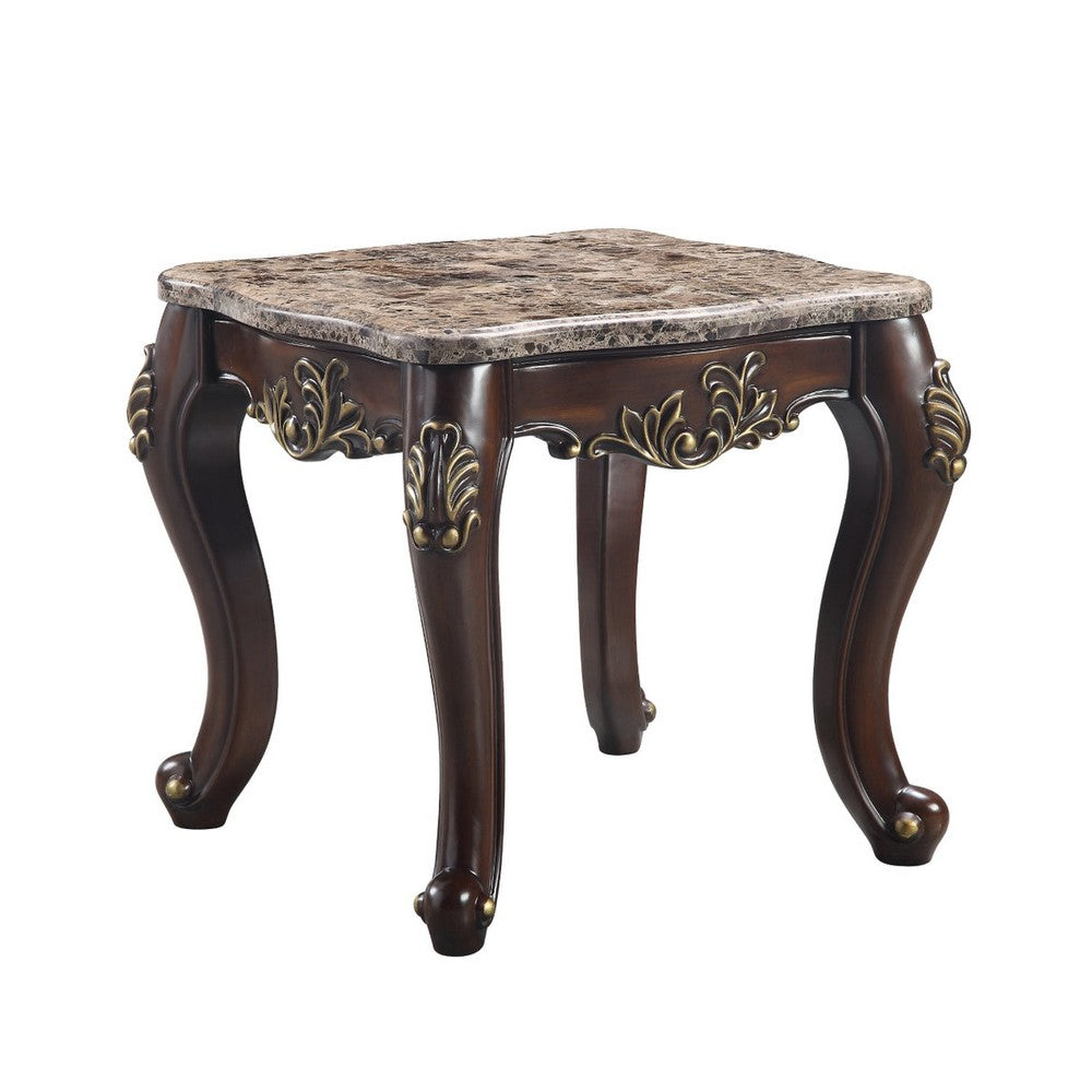 Kha 27 Inch Marble Top End Table with Cabriole Legs, Gold, Cherry Brown - BM276238