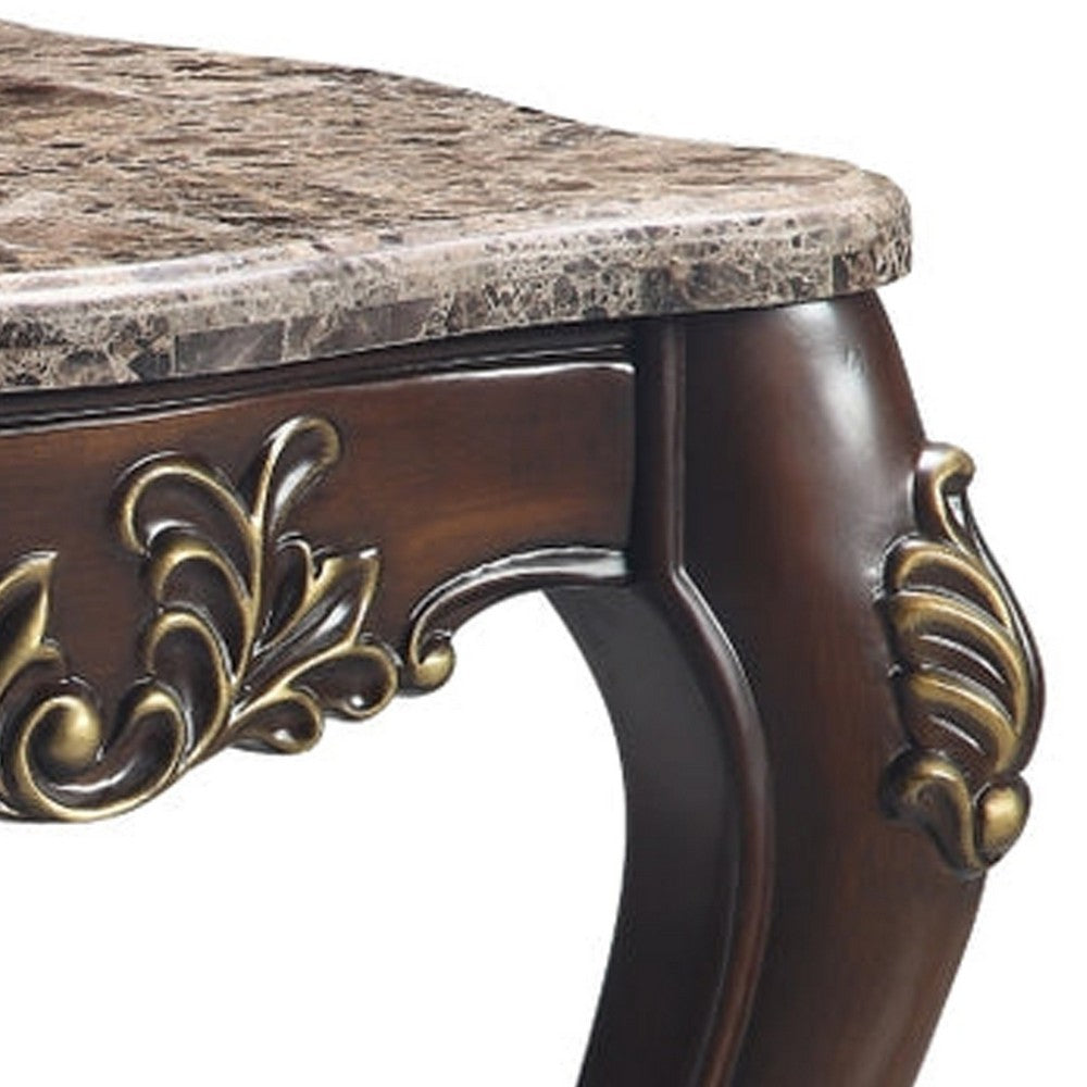 Kha 27 Inch Marble Top End Table with Cabriole Legs, Gold, Cherry Brown - BM276238