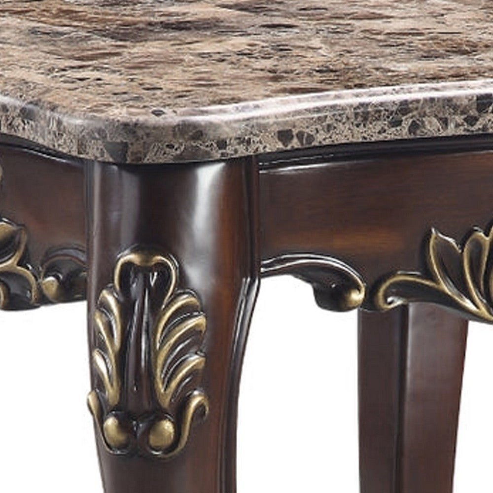 Kha 27 Inch Marble Top End Table with Cabriole Legs, Gold, Cherry Brown - BM276238