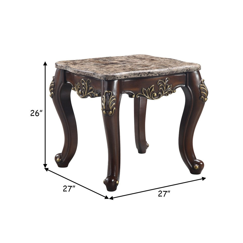 Kha 27 Inch Marble Top End Table with Cabriole Legs, Gold, Cherry Brown - BM276238