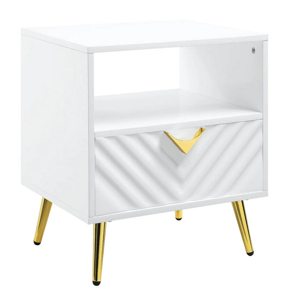 Tyra 22 Inch Wood End Table with Open Space, Wave Pattern, White, Gold - BM276250