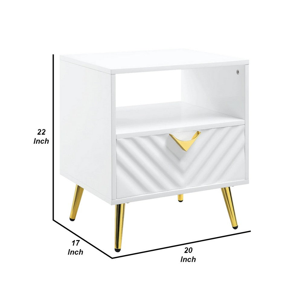 Tyra 22 Inch Wood End Table with Open Space, Wave Pattern, White, Gold - BM276250