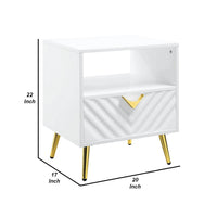 Tyra 22 Inch Wood End Table with Open Space, Wave Pattern, White, Gold - BM276250