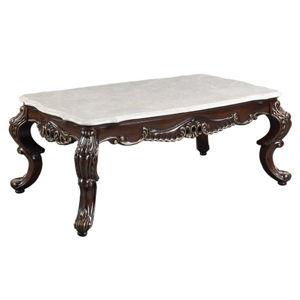 Ben 52 Inch Marble Coffee Table, Scrolled Details, Cabriole Legs, Brown - BM276298