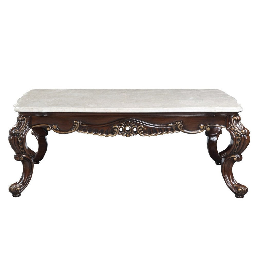 Ben 52 Inch Marble Coffee Table, Scrolled Details, Cabriole Legs, Brown - BM276298