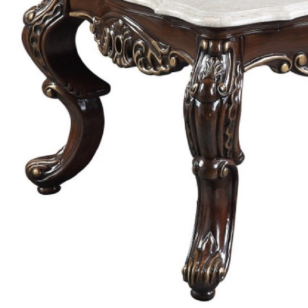 Ben 52 Inch Marble Coffee Table, Scrolled Details, Cabriole Legs, Brown - BM276298