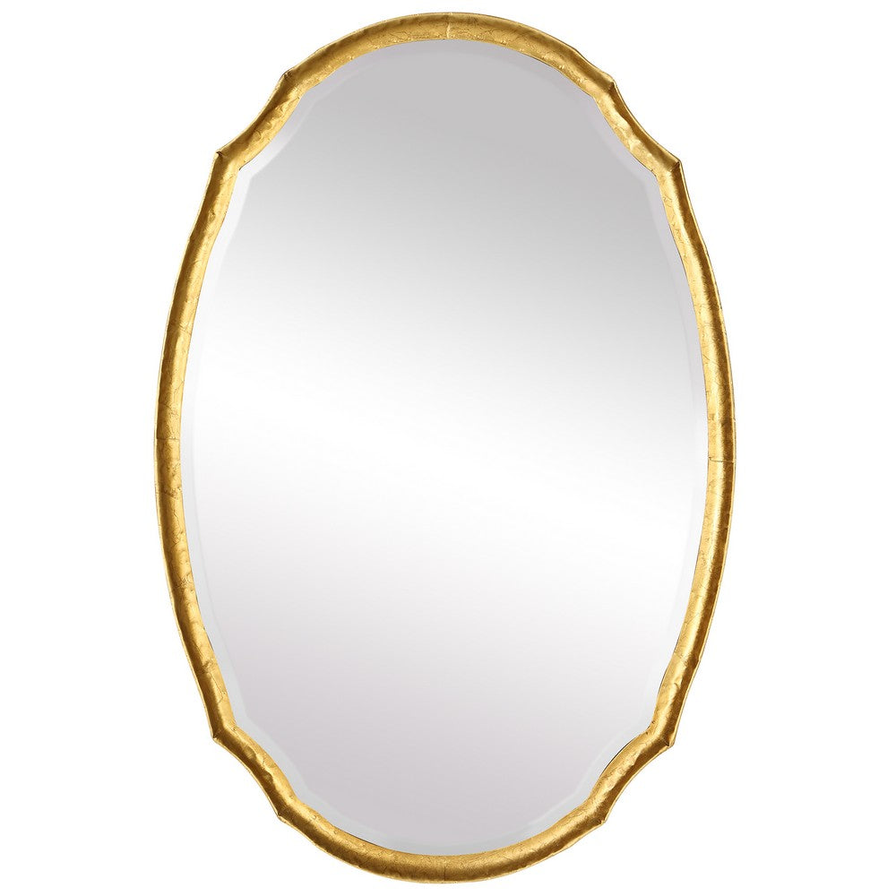 36 Inch Wood Wall Mirror, Oval Shape, Concave Surface, Gold - BM276685