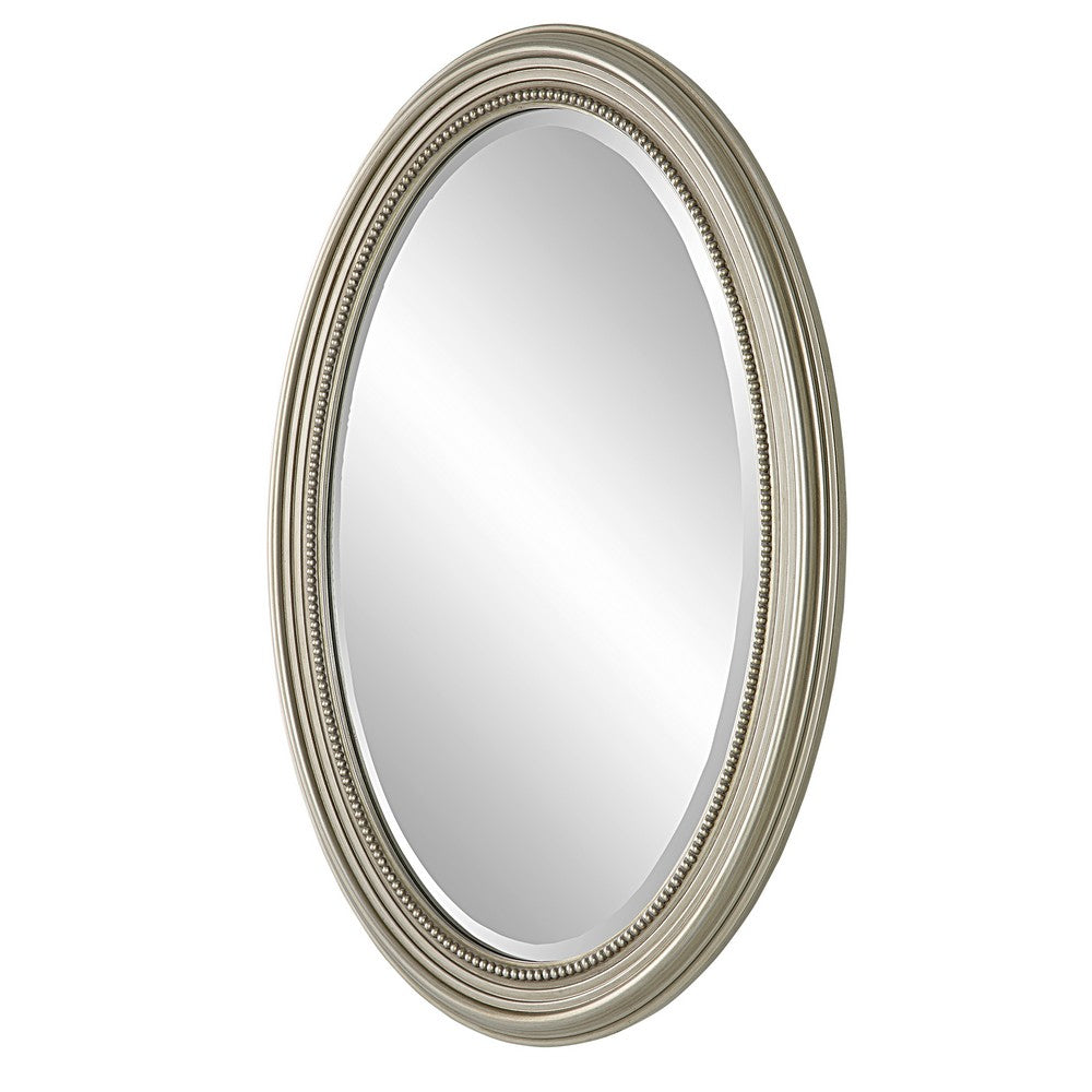 31 Inch Wall Mirror, Beaded Oval Shape, Metallic Silver - BM276686