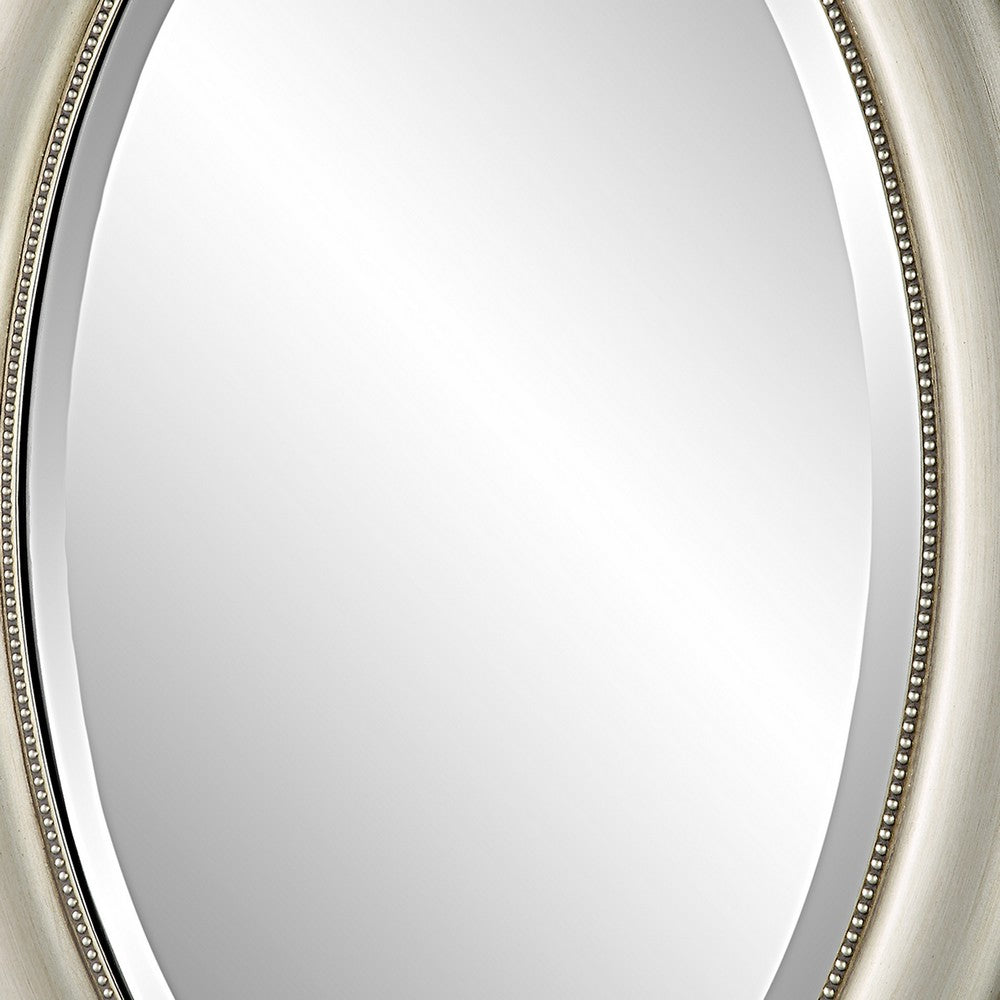 29 Inch Wood Wall Mirror, Beaded Oval Shape, Metallic Silver - BM276687
