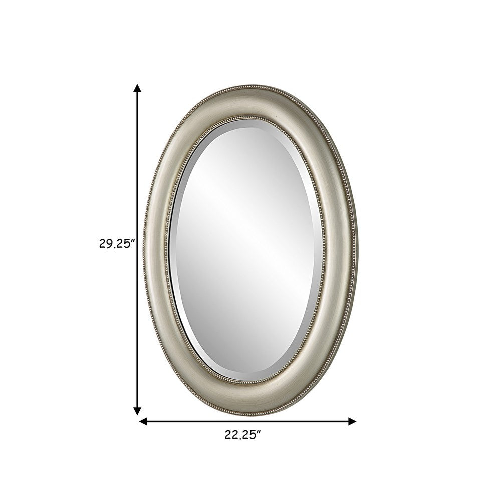 29 Inch Wood Wall Mirror, Beaded Oval Shape, Metallic Silver - BM276687