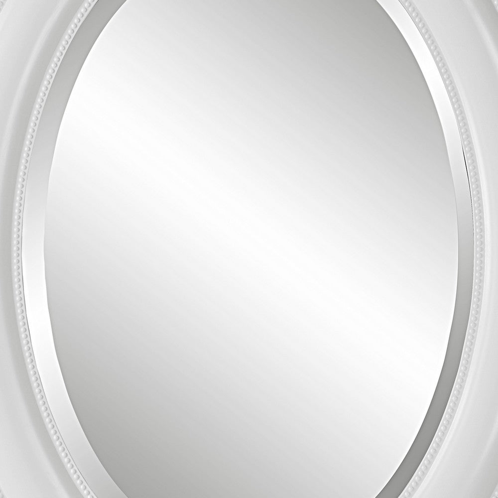 29 Inch Wood Wall Mirror, Beaded Oval Shape, White - BM276688