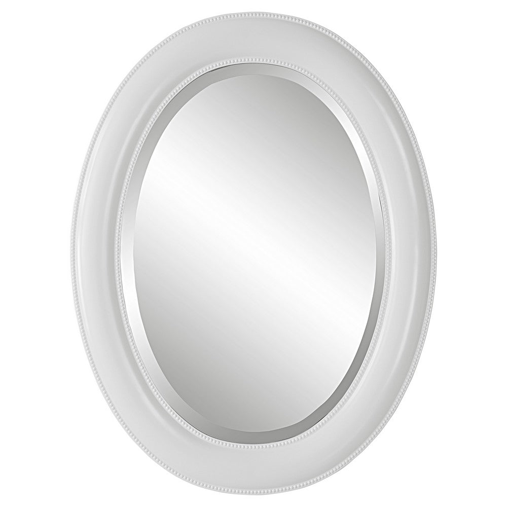 Benjara 29 Inch Wood Wall Mirror, Beaded Oval Shape, White