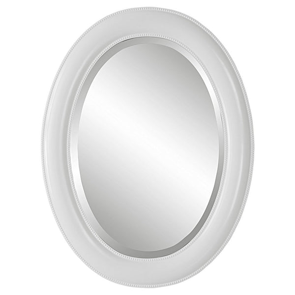 29 Inch Wood Wall Mirror, Beaded Oval Shape, White - BM276688