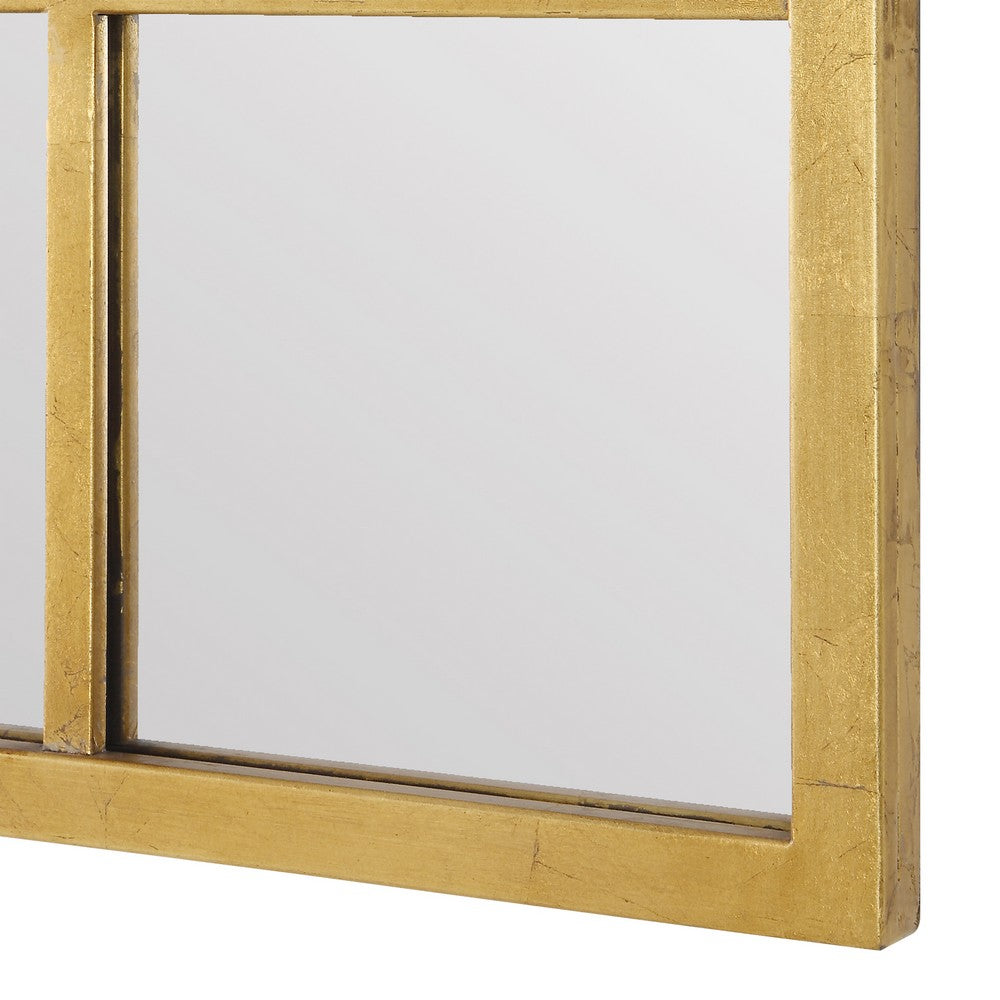 44 Inch Wood Wall Mirror, Arched Windowpane Shape, Antique Gold - BM276691