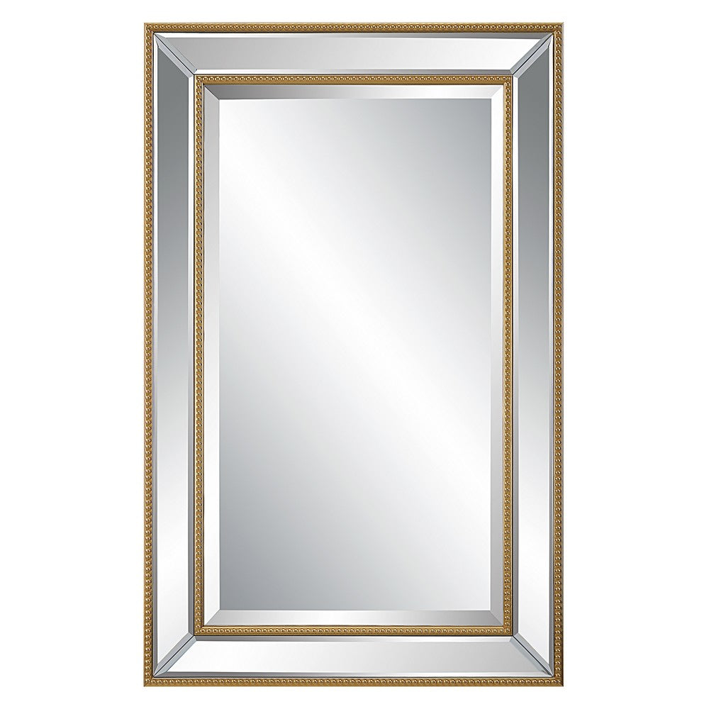 32 Inch Wood Wall Mirror, Beveled Mirror Frame, Gold - BM276696