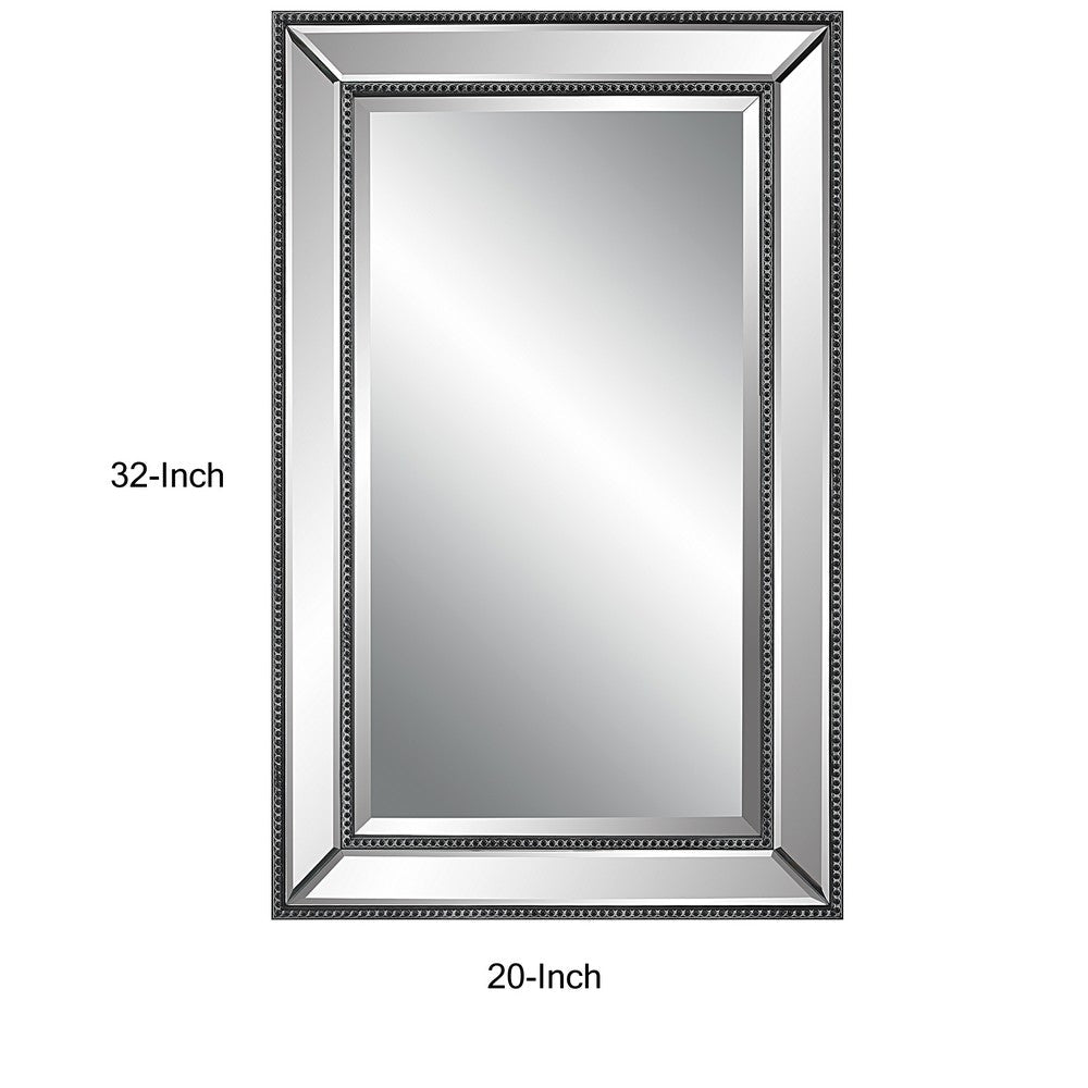32 Inch Wood Wall Mirror, Beveled Mirror Frame, Silver - BM276697