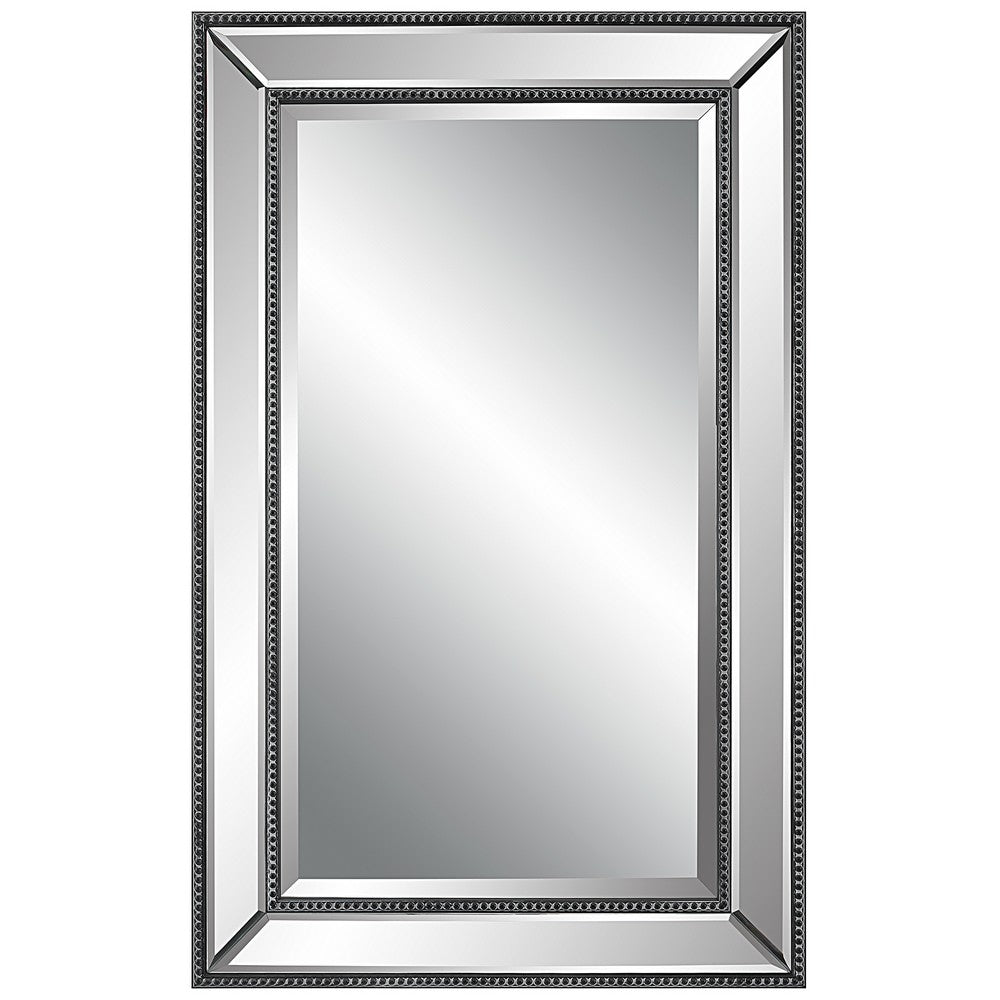 32 Inch Wood Wall Mirror, Beveled Mirror Frame, Silver - BM276697