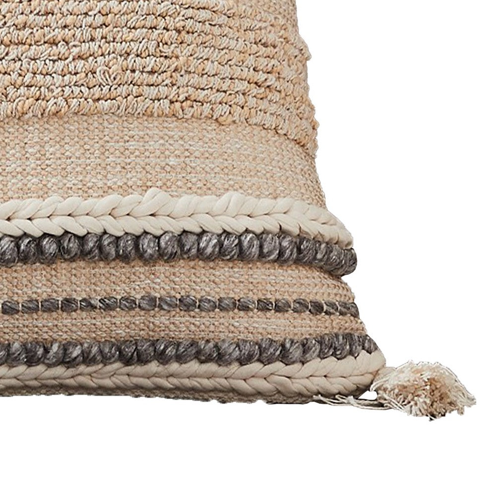 18 Inch Textured Decorative Throw Pillow Cover, Tassels, Beige, Gray Fabric - BM276699