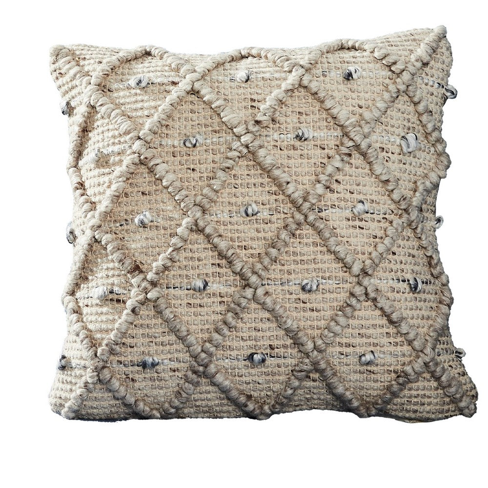 18 Inch Decorative Throw Pillow Cover, Beaded Diamond Design, Beige Fabric - BM276700