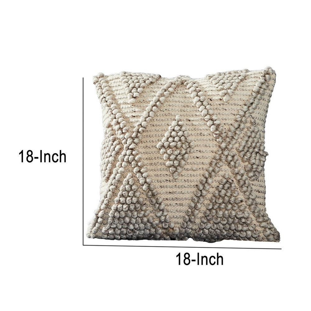 18 Inch Decorative Throw Pillow Cover, Beaded Diamond Pattern, Beige Fabric - BM276702