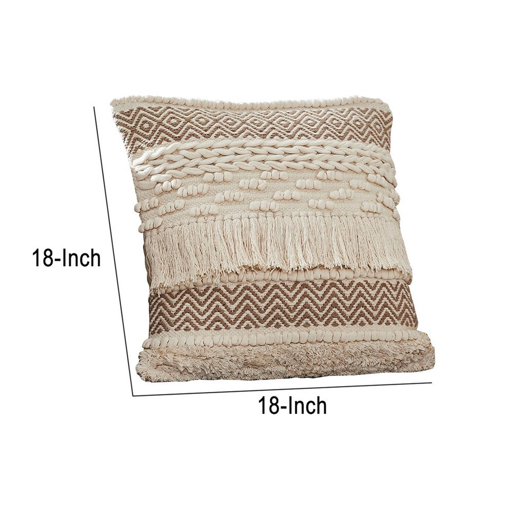 18 Inch Decorative Throw Pillow Cover, Fringes, Braids, Beige Fabric - BM276706