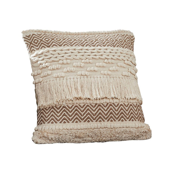 18 Inch Decorative Throw Pillow Cover, Fringes, Braids, Beige Fabric - BM276706