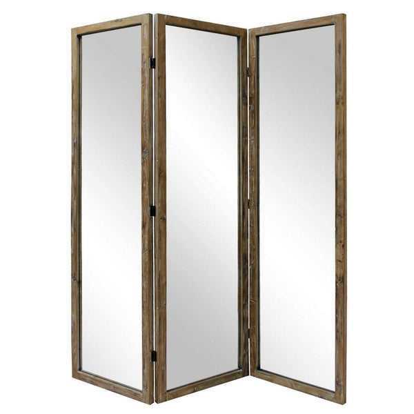 70 Inch 3 Panel Mirror Room Divider, Wood Frame, Distressed Brown - BM276717