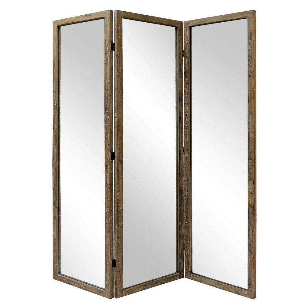 70 Inch 3 Panel Mirror Room Divider, Wood Frame, Distressed Brown - BM276717