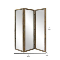 70 Inch 3 Panel Mirror Room Divider, Wood Frame, Distressed Brown - BM276717