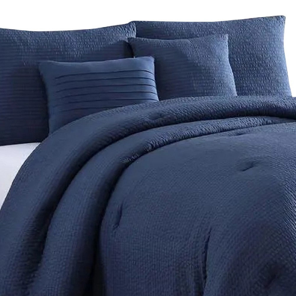 Alice 5 Piece Queen Comforter Set, Textured, The Urban Port, Navy Blue - BM277009