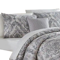 Lance 8 Piece Queen Bed Set, Damask Print, The Urban Port, White, Gray - BM277011