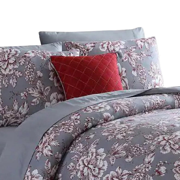 Tyler 8 Piece Microfiber Queen Bed Set, Floral Print, The Urban Port, Gray - BM277013