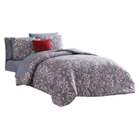 Tyler 8 Piece Microfiber Queen Bed Set, Floral Print, The Urban Port, Gray - BM277013