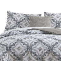 Owen 8 Piece Queen Bed Set, Quatrefoil Print, The Urban Port, White, Gray - BM277015