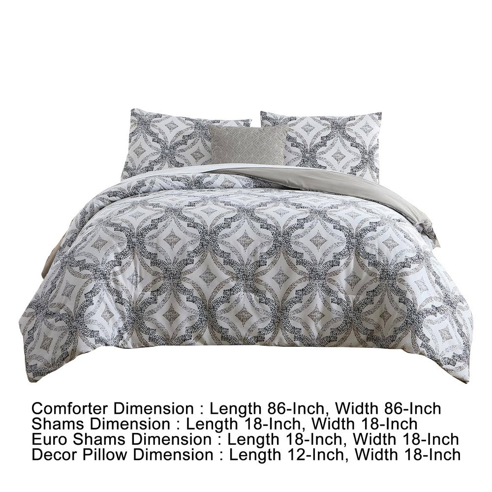 Owen 8 Piece Queen Bed Set, Quatrefoil Print, The Urban Port, White, Gray - BM277015