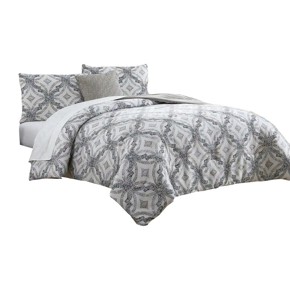 Owen 8 Piece King Bed Set, Quatrefoil Print, The Urban Port, White, Gray - BM277016