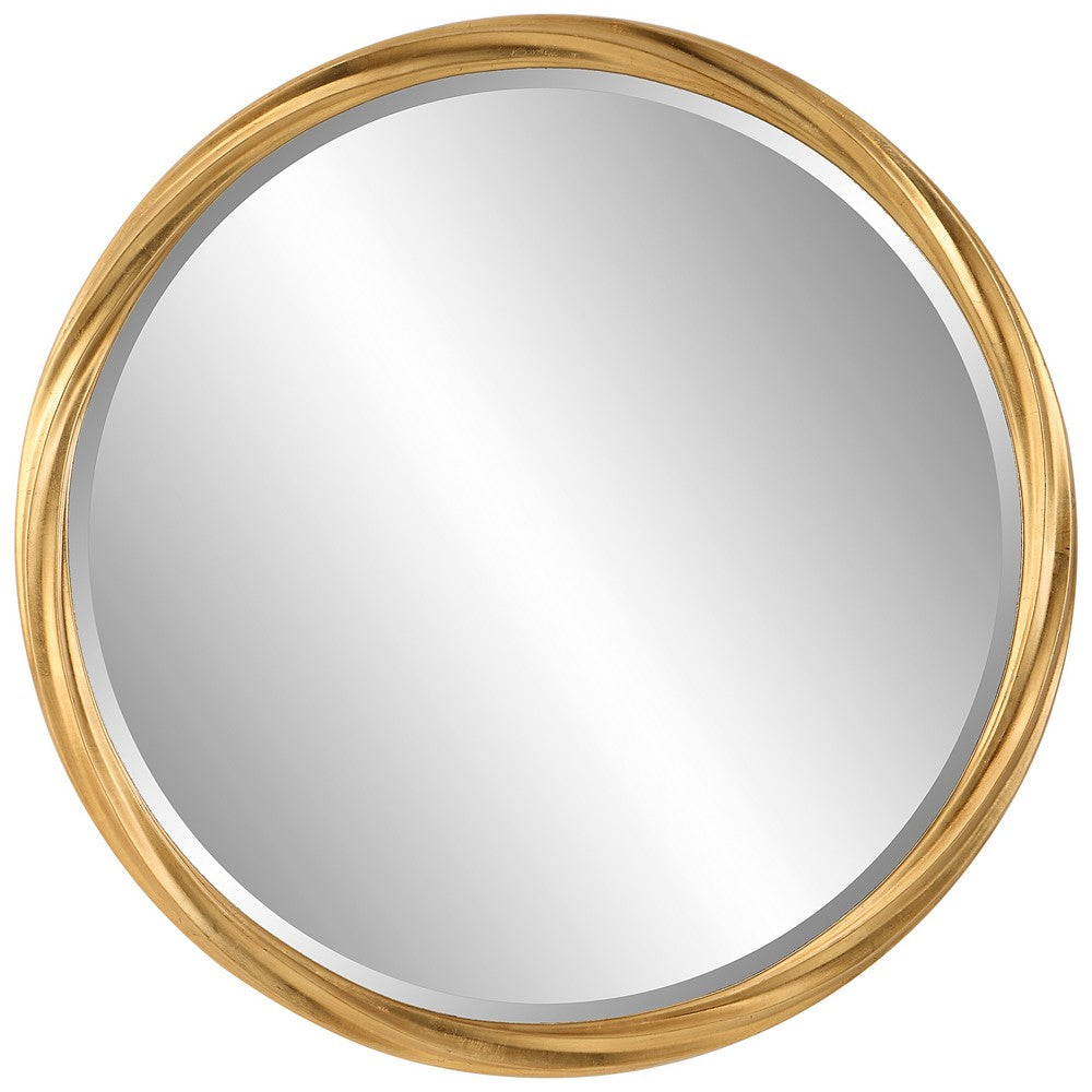 34 Inch Wood Round Wall Mirror, Twisted Frame, Gold - BM277017