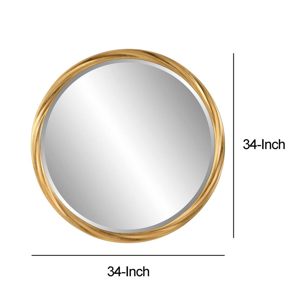 34 Inch Wood Round Wall Mirror, Twisted Frame, Gold - BM277017