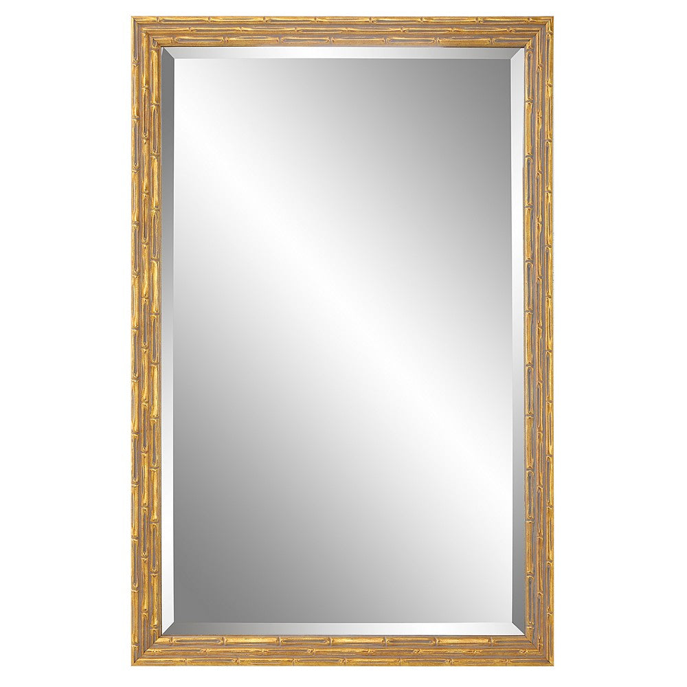 34 Inch Wood Rectangular Wall Mirror, Bamboo Design, Gold, Gray - BM277019