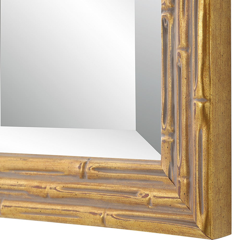 34 Inch Wood Rectangular Wall Mirror, Bamboo Design, Gold, Gray - BM277019