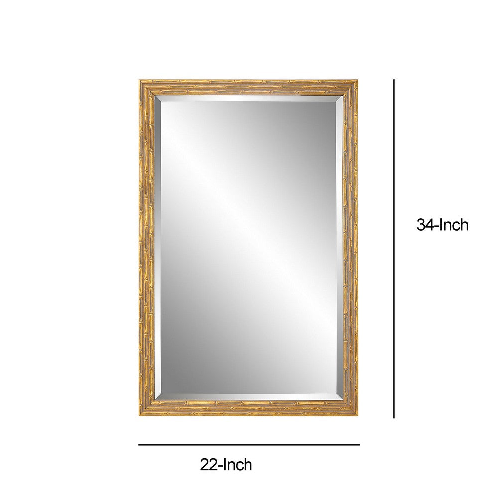 34 Inch Wood Rectangular Wall Mirror, Bamboo Design, Gold, Gray - BM277019