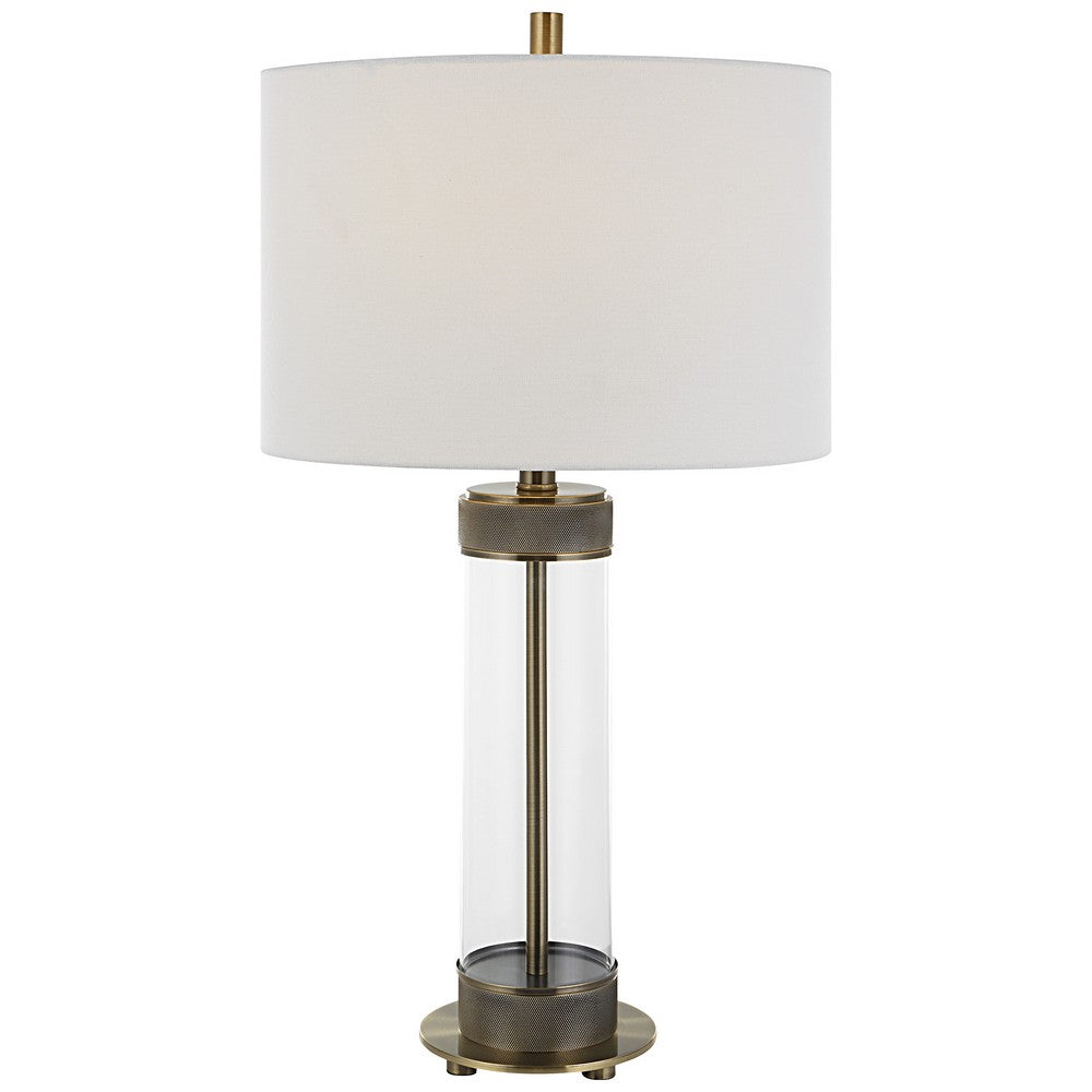 28 Inch Metal Table Lamp, Glass Case Design, Antique Brass, White - BM277026