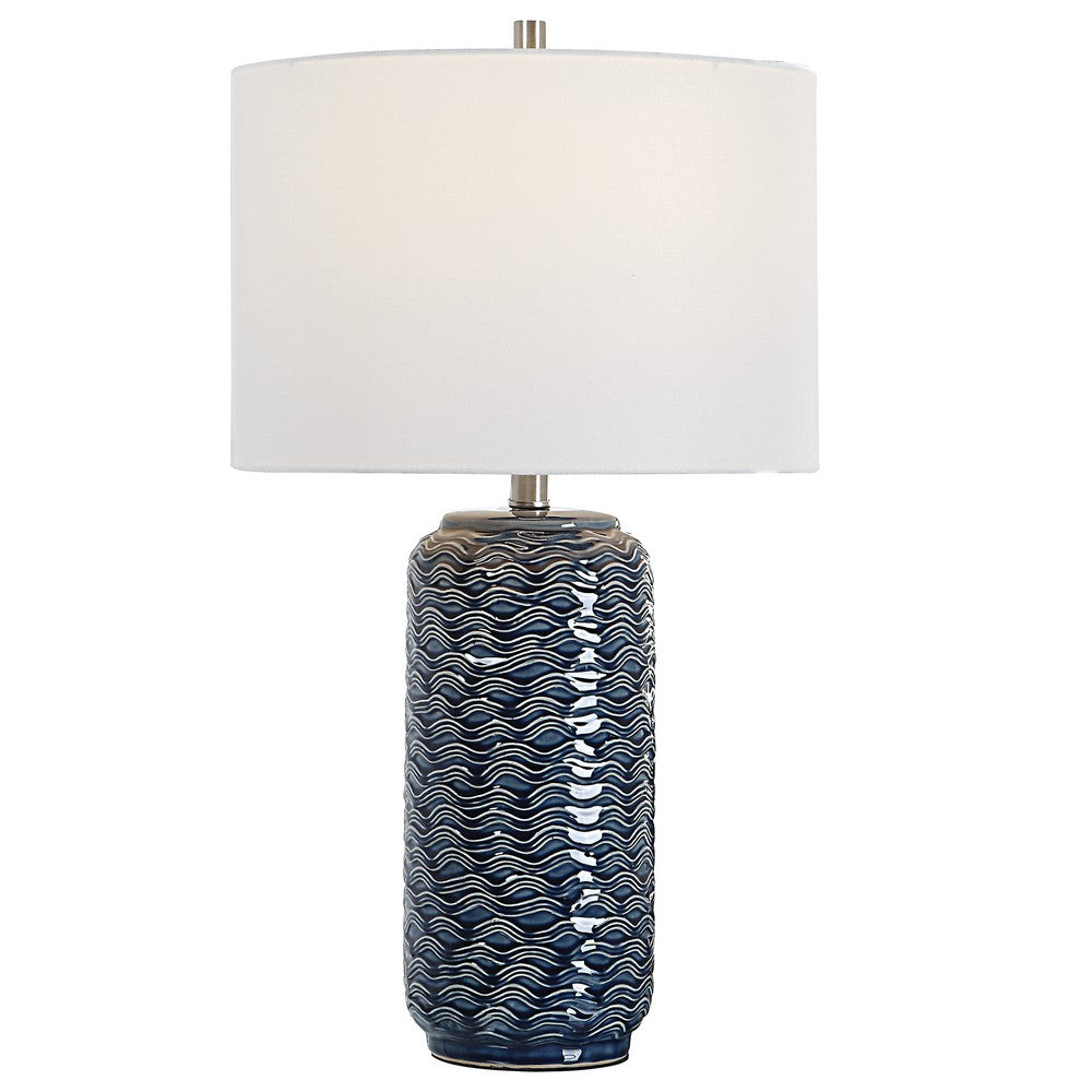 27 Inch Ceramic Table Lamp, Wavy Texture, Blue, Silver, White - BM277028