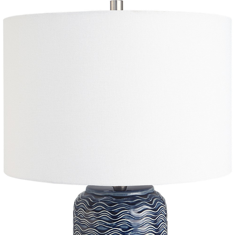 27 Inch Ceramic Table Lamp, Wavy Texture, Blue, Silver, White - BM277028