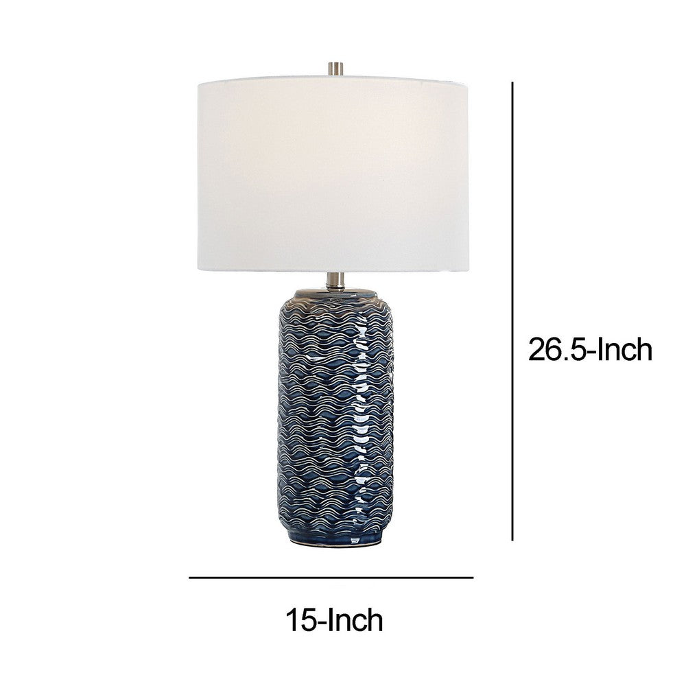 27 Inch Ceramic Table Lamp, Wavy Texture, Blue, Silver, White - BM277028